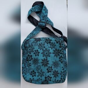 ARK IMPORTS Handmade Cloth Crossbody Bag Black Floral + Teal Adjustable NWOT